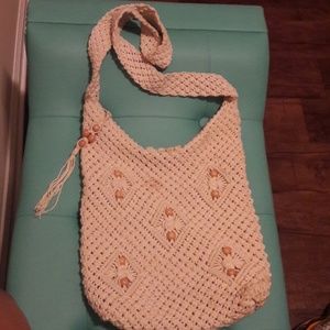 Cream Crochet Wood Beads Hobo Bag